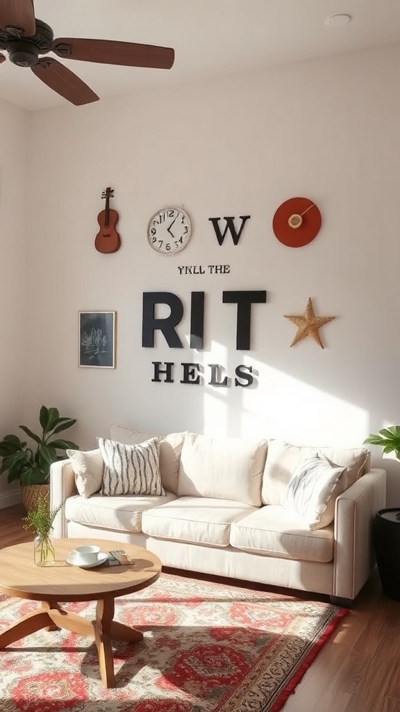 A cozy living room wall decorated with various items, including a clock, musical instrument, and a playful text arrangement.