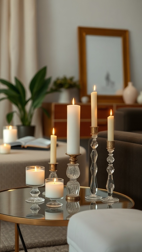A beautifully arranged side table with various candles in clear glass holders and elegant accents, creating a cozy atmosphere.