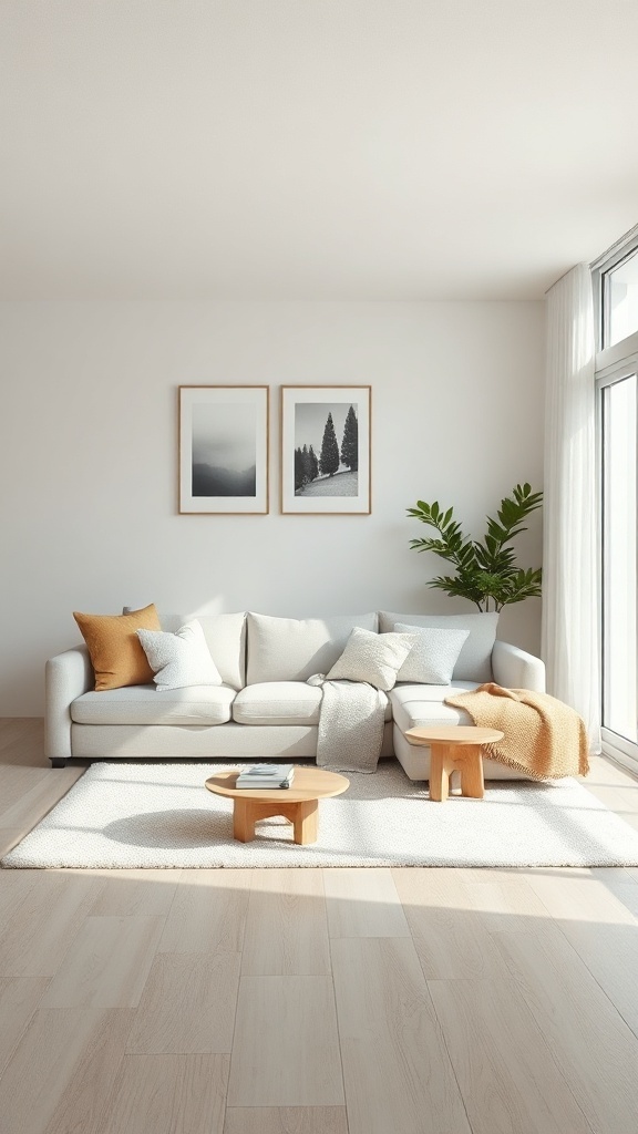 A minimalist living room featuring neutral tones, a light-colored sofa with pillows, a wooden coffee table, and a potted plant.