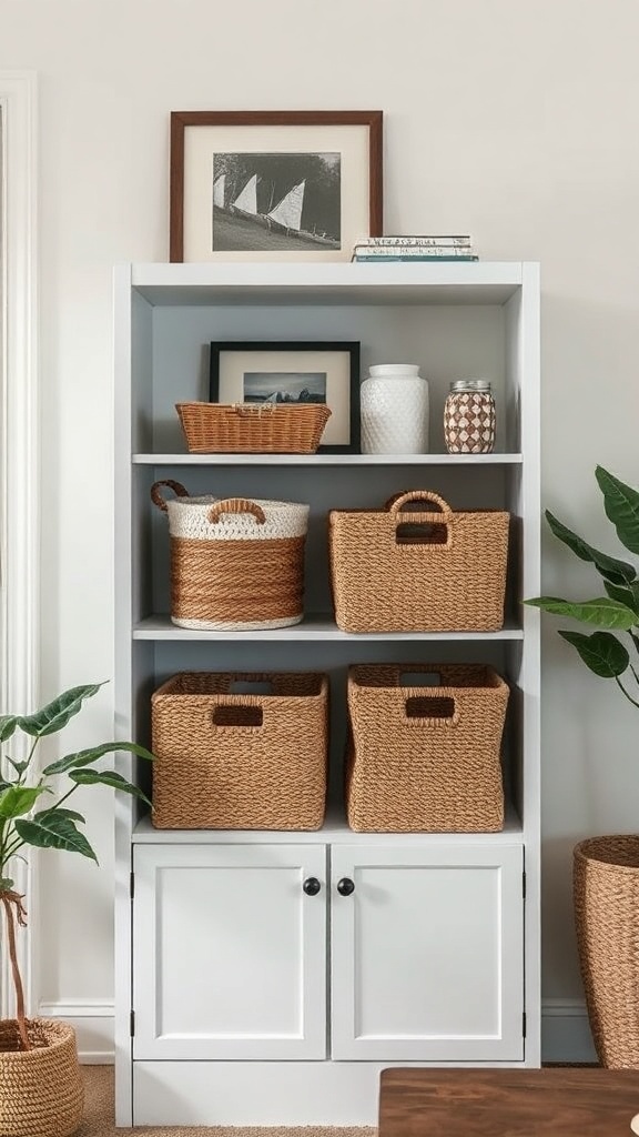 A neatly organized living room shelf with decorative baskets, a photo frame, and a plant.