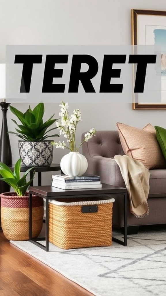 Stylish side table with storage baskets and decorative plants