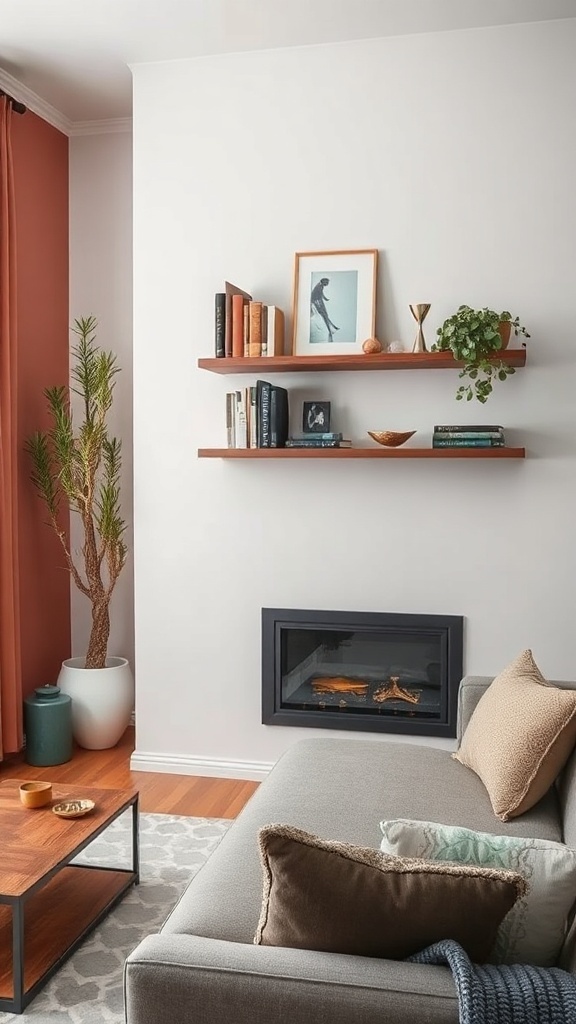 A living room featuring wooden wall shelves with books, a plant, and decorative items.
