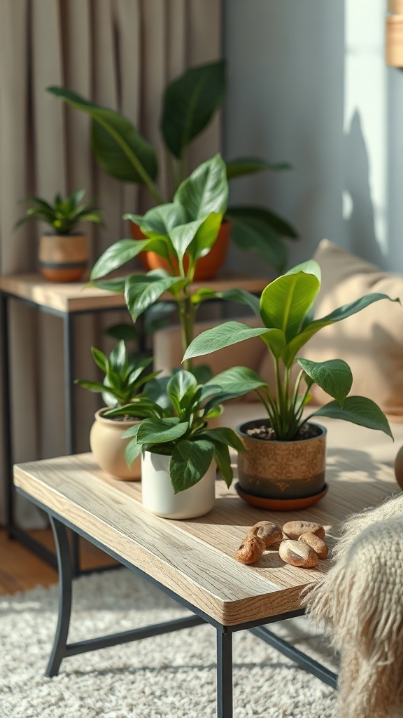 Living room side table decorated with various potted plants and natural elements.