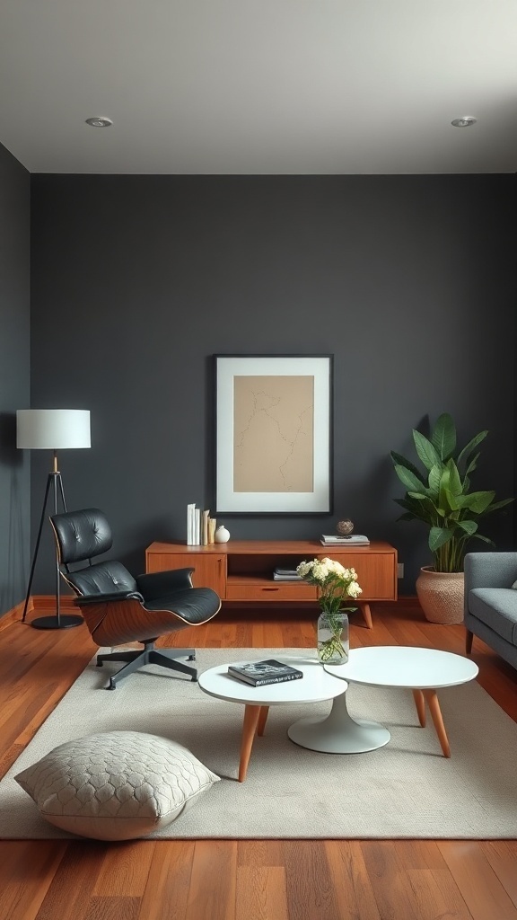 Stylish mid century modern living room featuring an Eames lounge chair, minimalist coffee table, and warm wooden flooring.