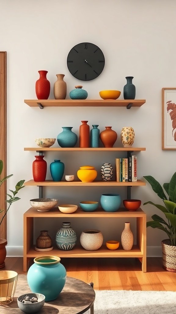 A living room shelf decorated with various colorful ceramic vases and bowls, showcasing a mix of styles and patterns.