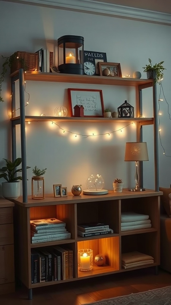 Cozy shelf decor with soft lighting, plants, and candles in a living room
