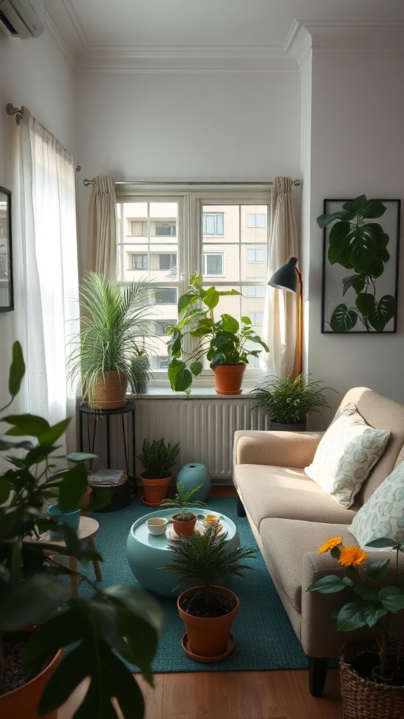A cozy small living room filled with various green plants, a beige sofa, and a colorful table.