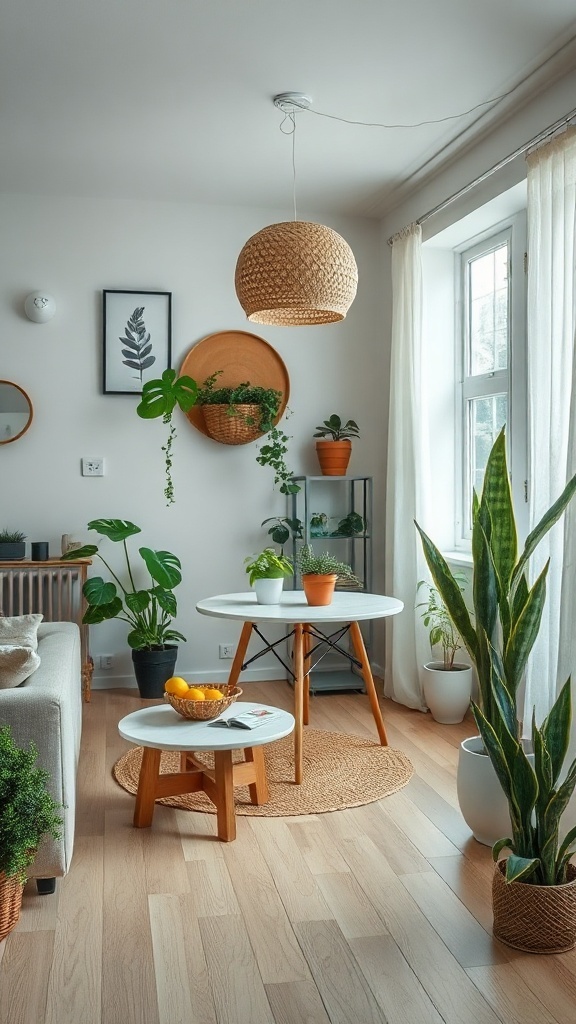 A stylish small living and dining room combo with various plants enhancing the decor.