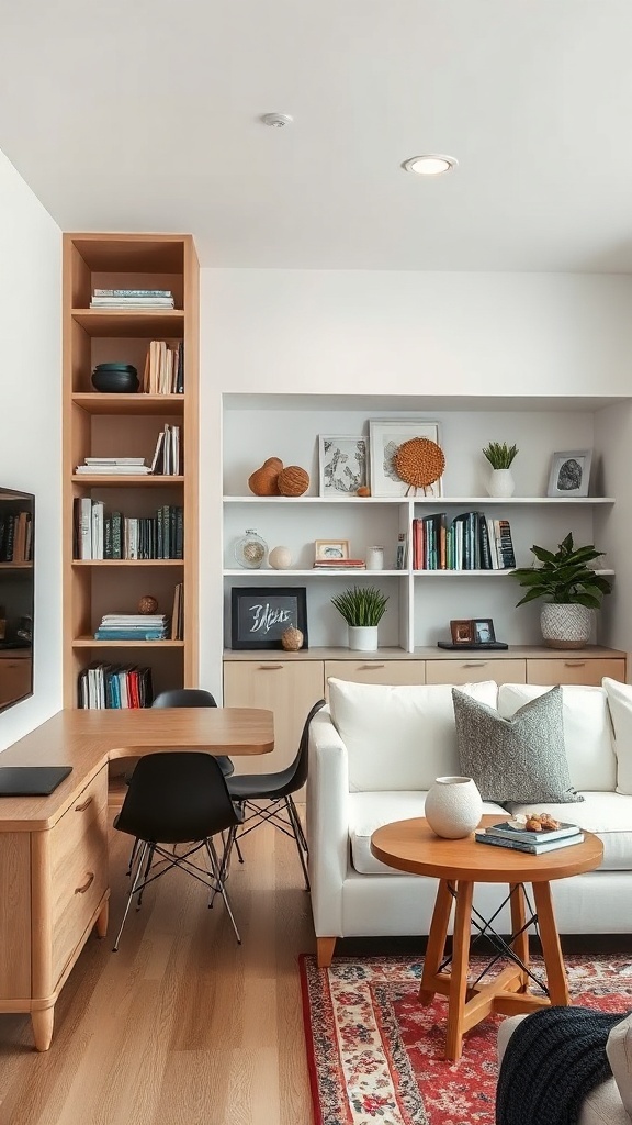 Cozy small living and dining room with a smart storage design, featuring wooden shelves, a work desk, and stylish decor.