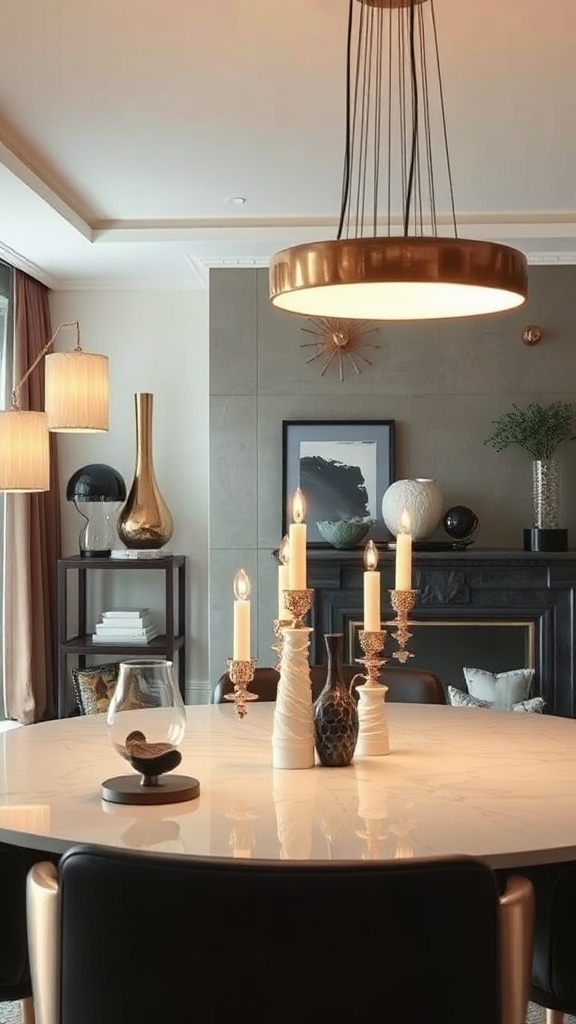 A stylish living and dining room with statement lighting fixtures.