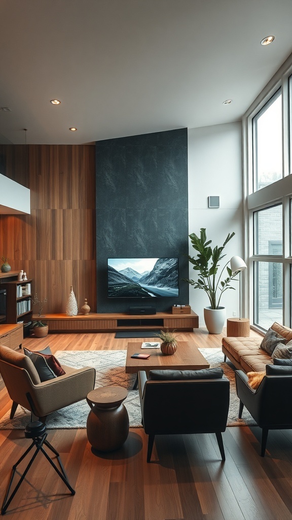 Mid-century modern living room featuring a sleek TV and stylish furniture.