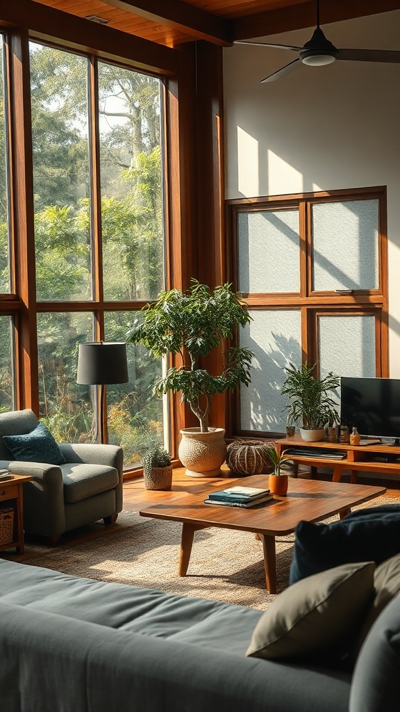 A mid-century modern living room with large windows, plants, wooden furniture, and a cozy atmosphere.