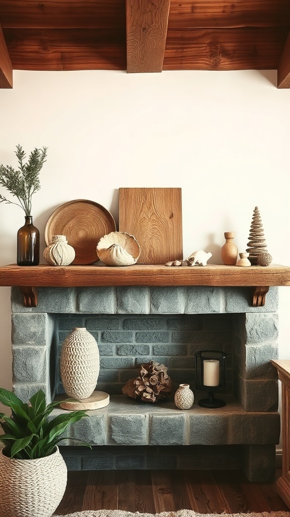 A cozy living room shelf showcasing wood and stone decor with plants.