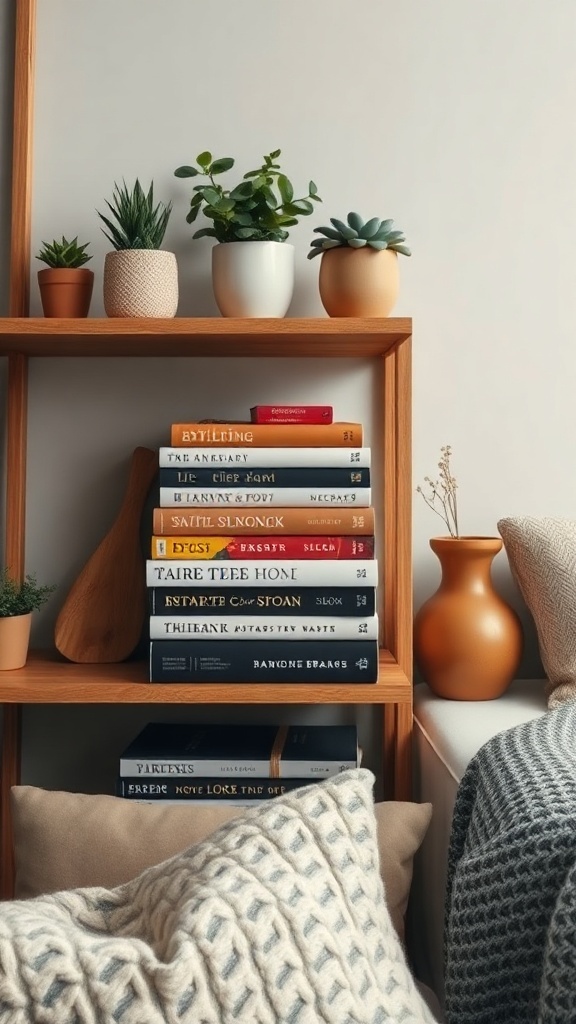 Decorative shelf with books and plants in a living room setting.