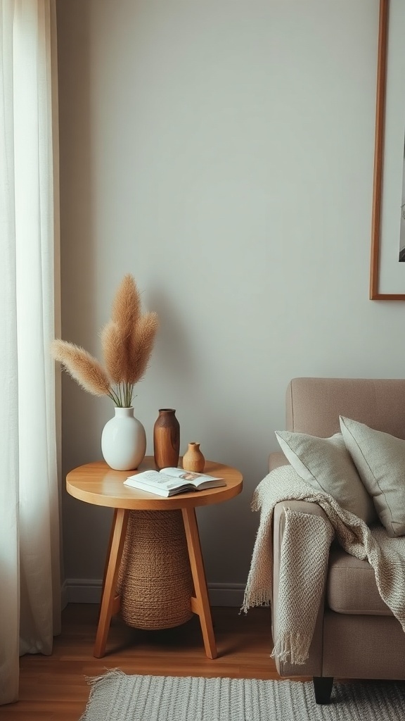 A cozy living room with a layered textured side table featuring wooden elements, pampas grass, pottery, and an open book.