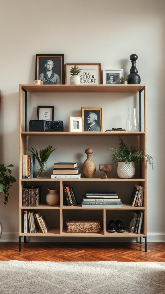 A stylish wooden shelf featuring a variety of decorative items, books, and picture frames.