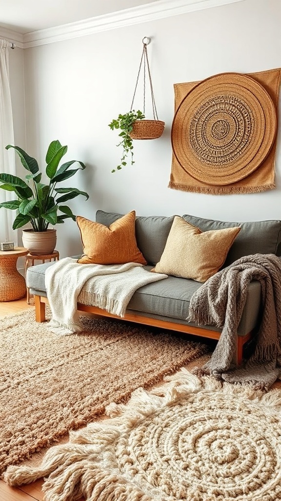 A cozy living room with a gray sofa adorned with orange pillows, layered blankets, and textured rugs, featuring a wall hanging and a hanging plant.
