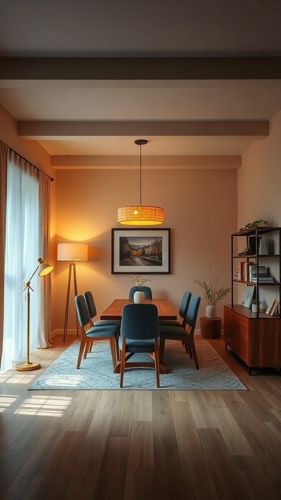 Cozy small living and dining room with warm lighting