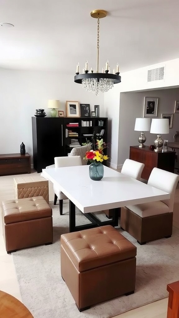 A living and dining room combo featuring a white table, brown stools, and a stylish chandelier.