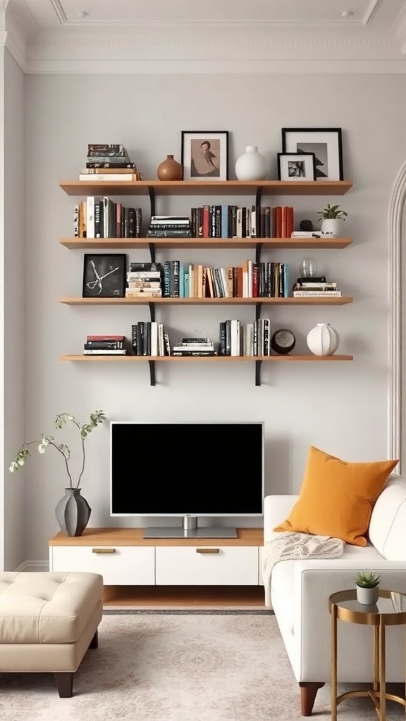 A stylish small living room with floating shelving, a TV, and decorative items.