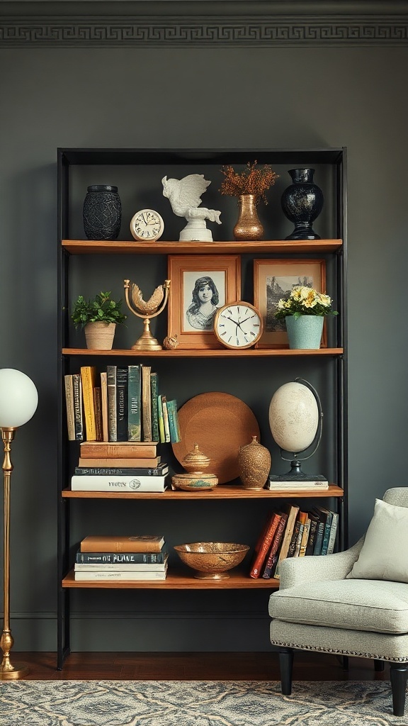 A modern shelf decor featuring a blend of vintage and contemporary elements in a living room setting.
