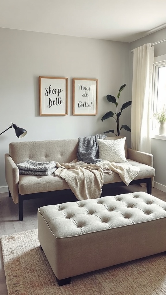 Small living room with a light sofa, tufted ottoman, cozy throws, and wall art.