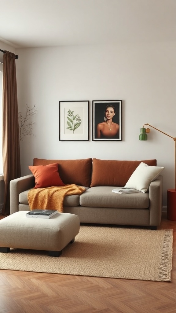 Cozy small living room featuring a sofa, ottoman, and decorative elements