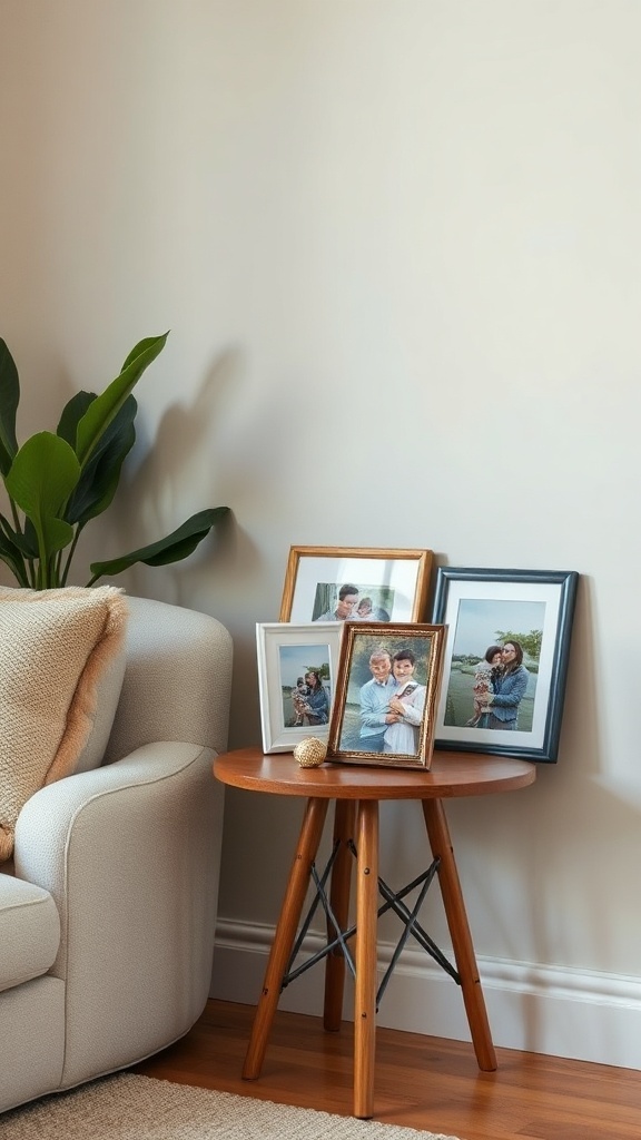 A side table with family photos and a decorative piece next to a sofa.