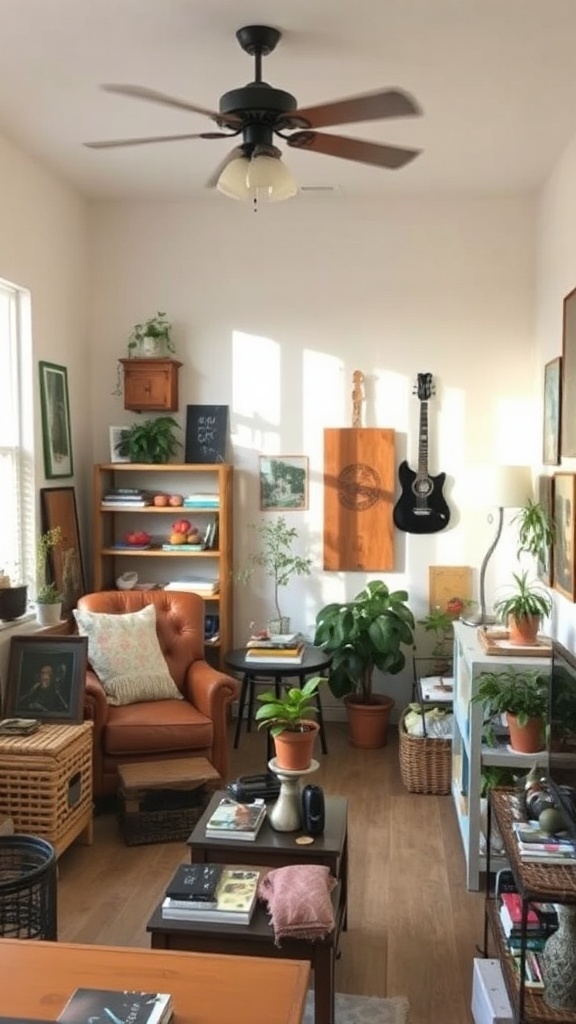 A cozy small living room with an orange armchair, plants, art on the walls, and wooden furniture.
