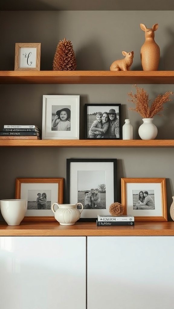 Decorative shelf in a living room featuring photo frames, vases, and ornamental items.