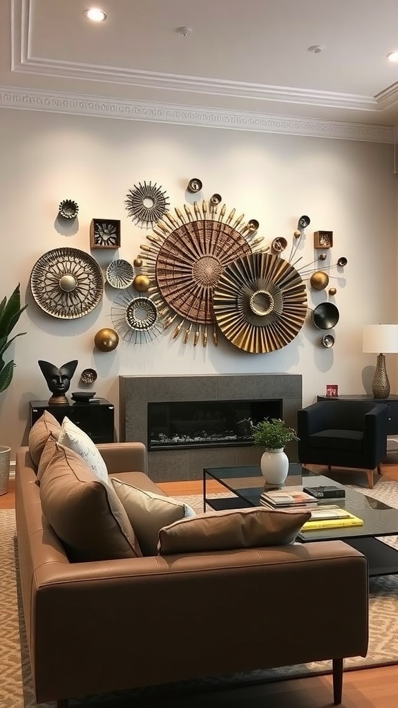 A stylish living room featuring sculptural wall decor made of various circular designs