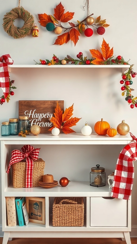Beautifully decorated living room shelf with autumn accents, featuring pumpkins, leaves, and decorative items.