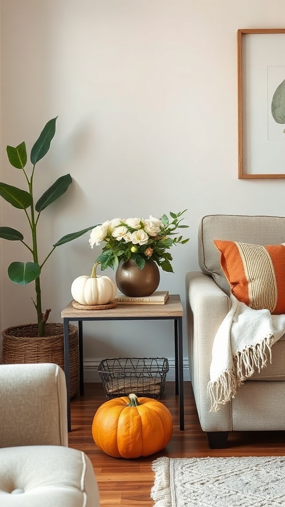 A well-decorated side table in a living room with seasonal accents like pumpkins and flowers.