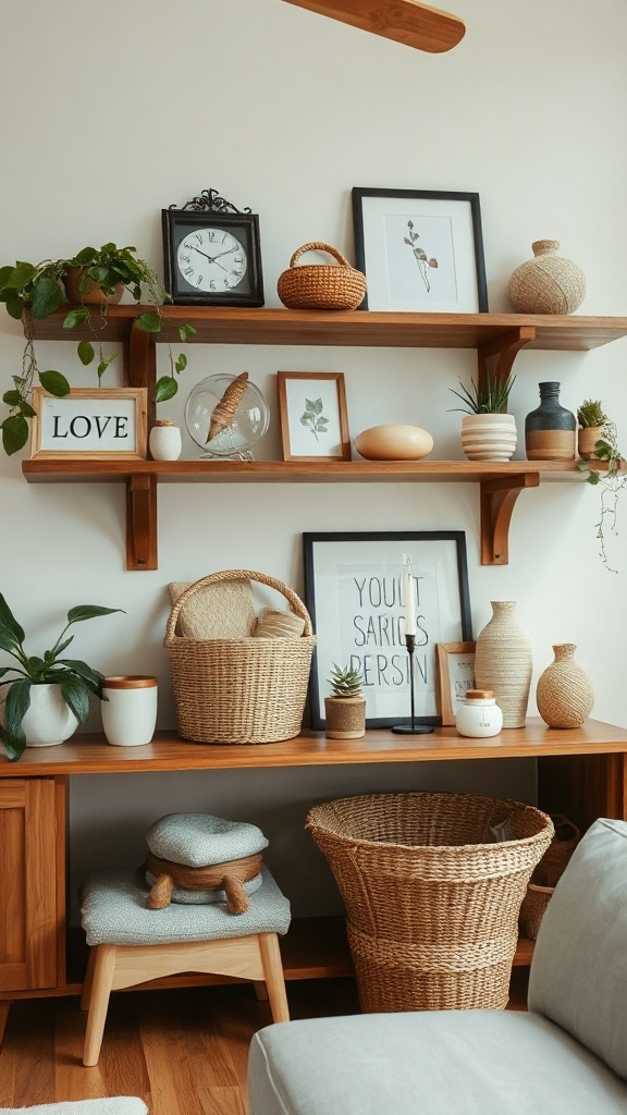 A beautifully arranged shelf with handmade crafts, plants, and art, creating an inviting living room decor.