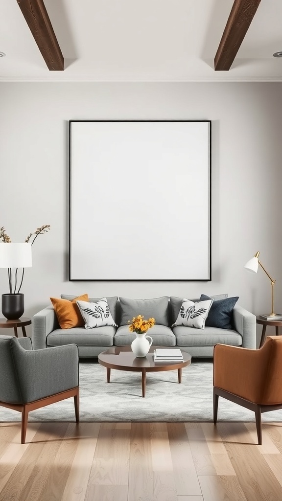 A modern living room featuring a large blank canvas, cozy seating, and a warm color palette.