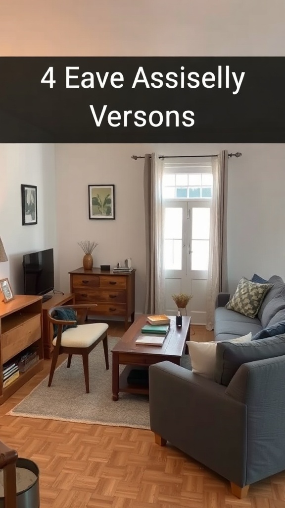 A small living room layout featuring a sofa, armchair, coffee table, and natural light from windows.