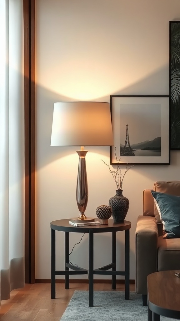Stylish table lamp on a side table next to a cozy sofa in a living room