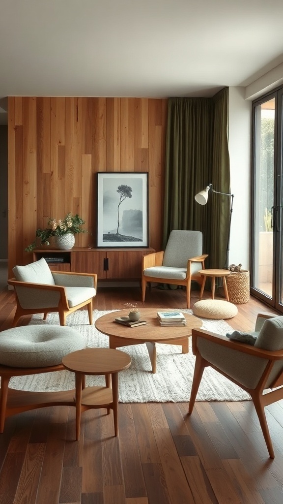 A mid century modern living room featuring wooden elements, natural textures, and greenery.