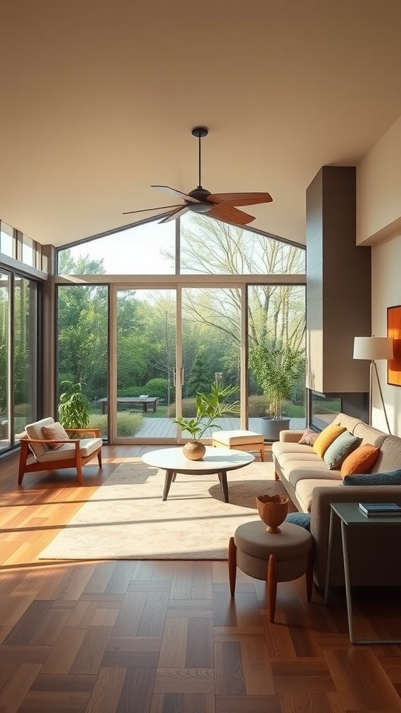 A spacious mid-century modern living room with large windows, natural light, and stylish furniture.