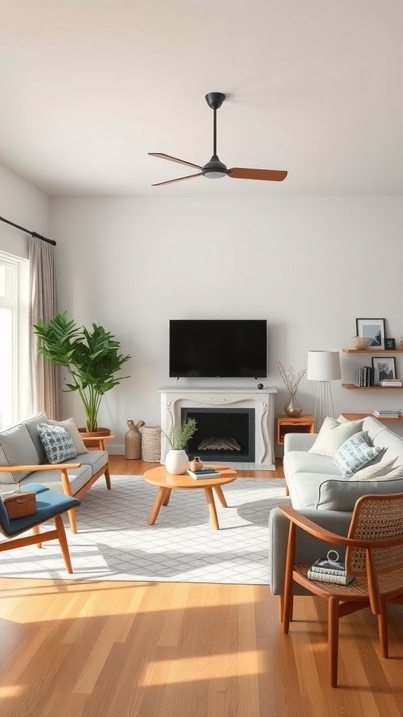 A mid-century modern living room with Scandinavian design elements featuring light furniture, wooden accents, and a large plant.