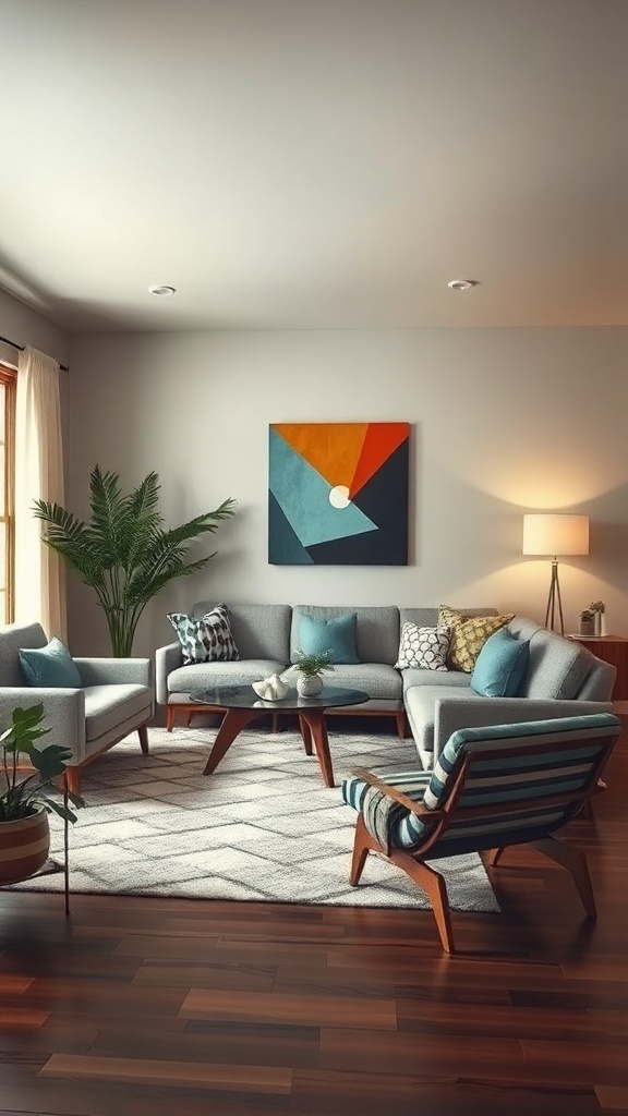 A modern living room showcasing mid century style with geometric elements.