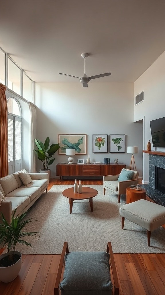 A mid-century modern living room featuring light furniture, a wooden coffee table, and green plants.