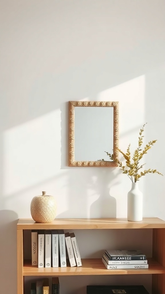 A shelf featuring a framed mirror, decorative vase, and books