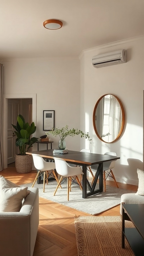 A small living and dining room combo featuring a circular mirror and a wooden dining table with white chairs.