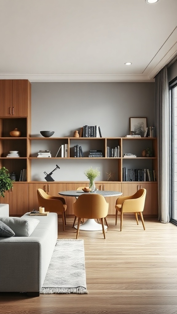 A stylish living and dining room combo showcasing vertical space used for storage.