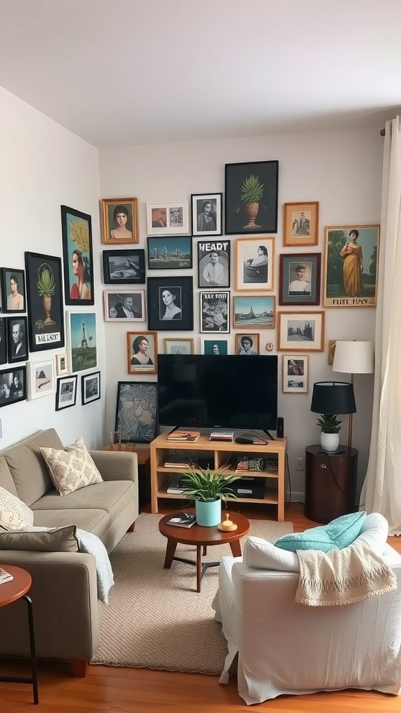A cozy small living room with a gallery wall filled with various framed artwork, a TV, a shelf, and comfortable seating.