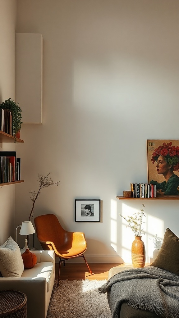 A cozy small living room featuring vertical storage solutions like floating shelves.