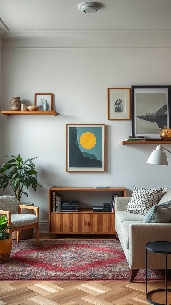 A small living room with wall-mounted decor, featuring shelves with plants and art, a cozy chair, and stylish furniture.