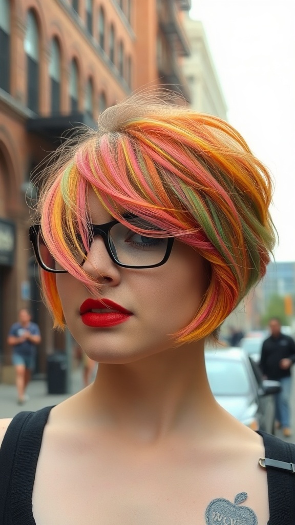 Woman with a bold colored curly bob hairstyle featuring vibrant pink, orange, and green shades, wearing glasses and red lipstick.