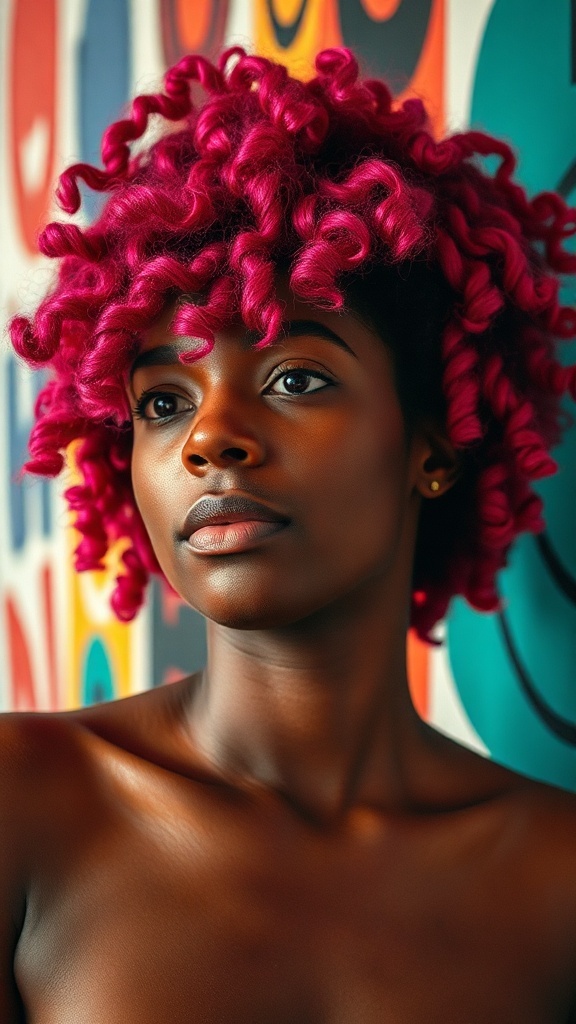 A woman with vibrant pink curly hair posing against a colorful background.